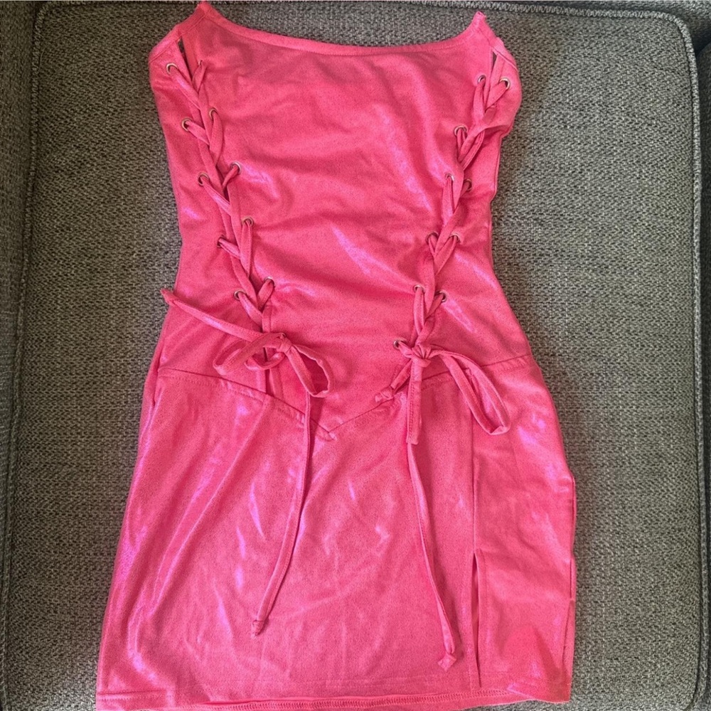 Fashion Nova Strapless Pink Lace-Up Dress